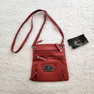 Nicole Crossbody Handbag Purse Red Leather Many Pockets Zip Shut Studded NEW